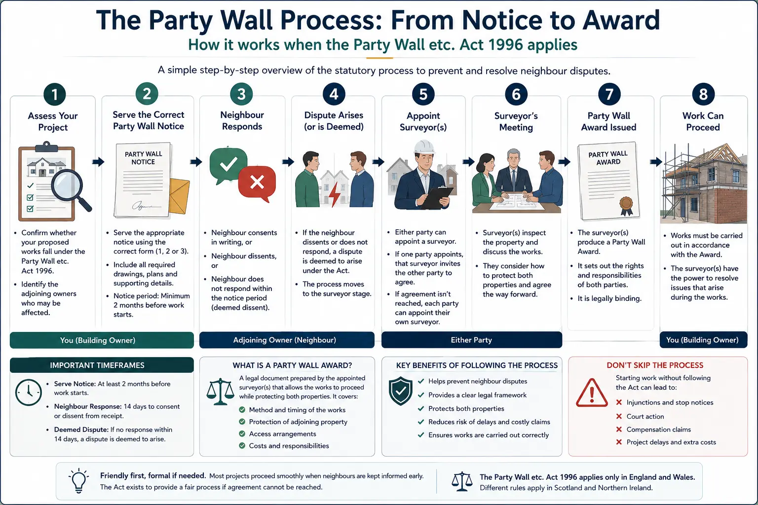 Do I Need a Party Wall Agreement? An infographic showing the party wall process from notice to award in a very interactive way for the citizens living in England, UK