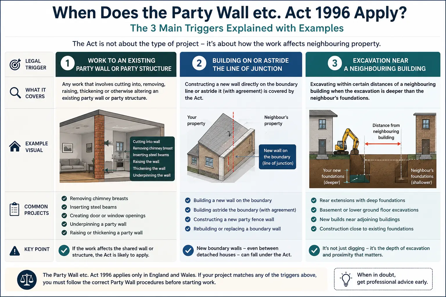 Do I Need a Party Wall Agreement? An infographic showing when does the party wall etc act 1996 apply like excavation, junction, painting, in England, UK